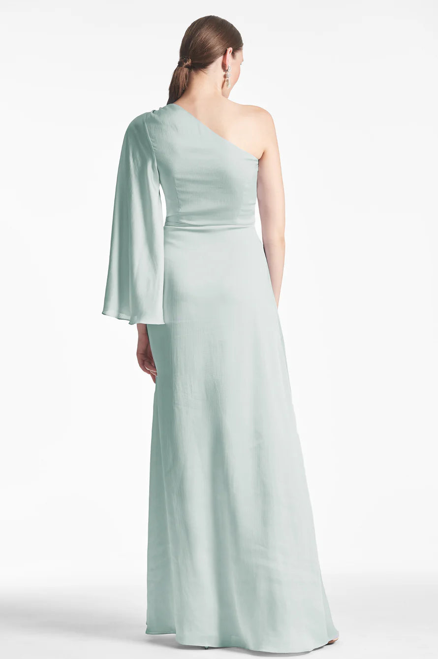 Jimiss asymmetrical neckline off shoulder long sleeved backless and floor length Prom dress